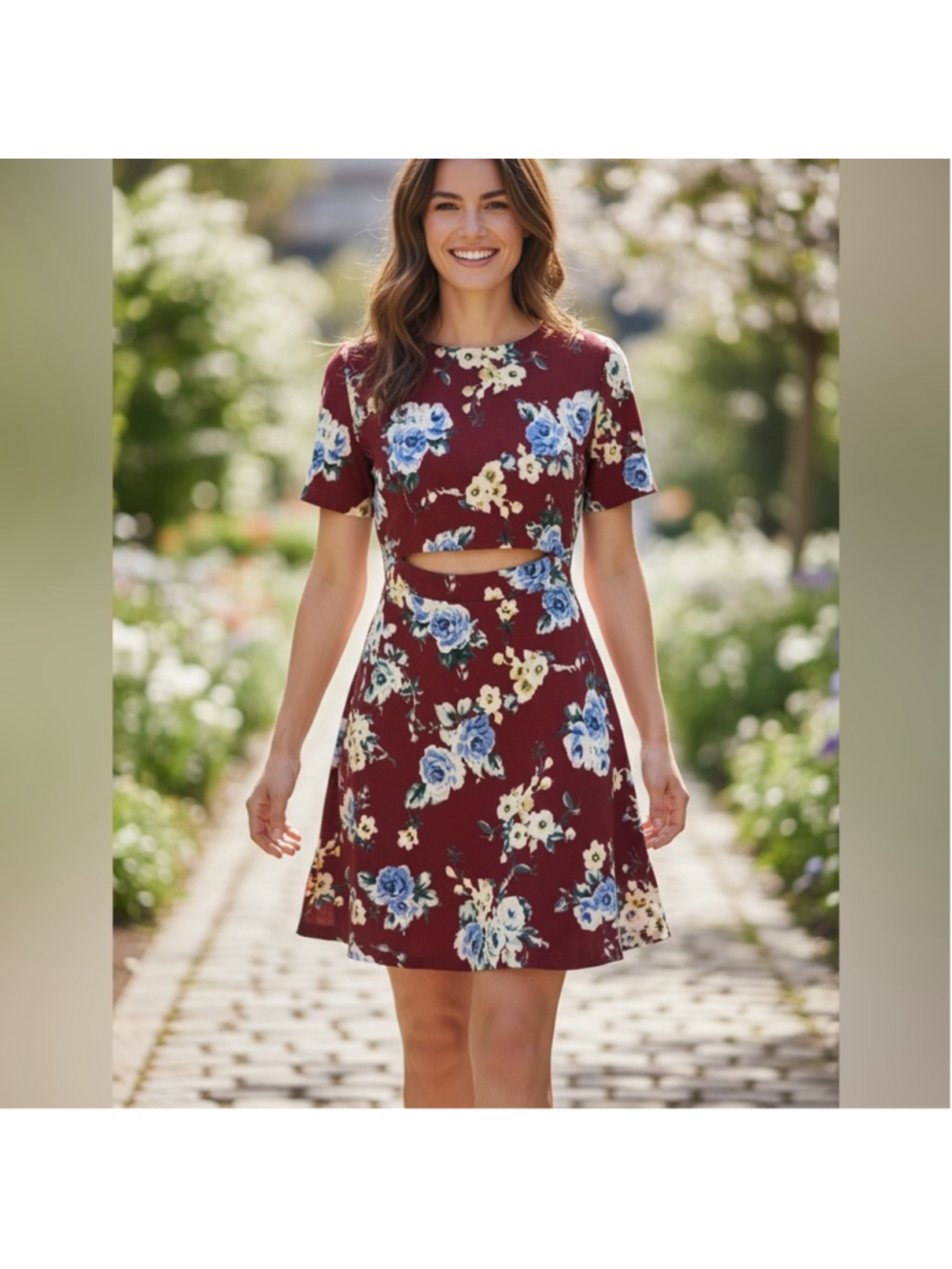 Umgee burgundy floral open midriff and back dress size large